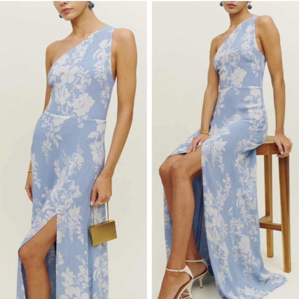 Reformation Light Blue Floral One Shoulder Gown